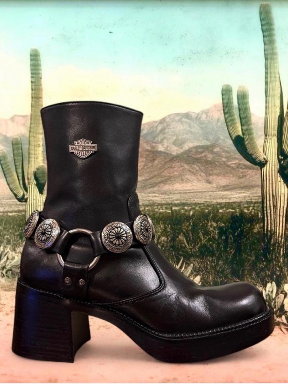 🌵Vintage Harley Davidson Chunky Platform Boots w/ Custom Concho Harnesses🌵